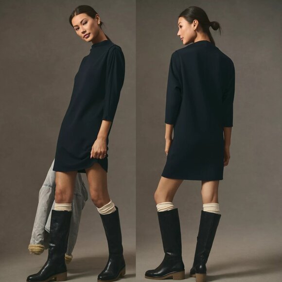 NWT Anthropologie Stateside Pleated Fleece Dress Mini Mock Cowl Neck Black - Picture 1 of 7